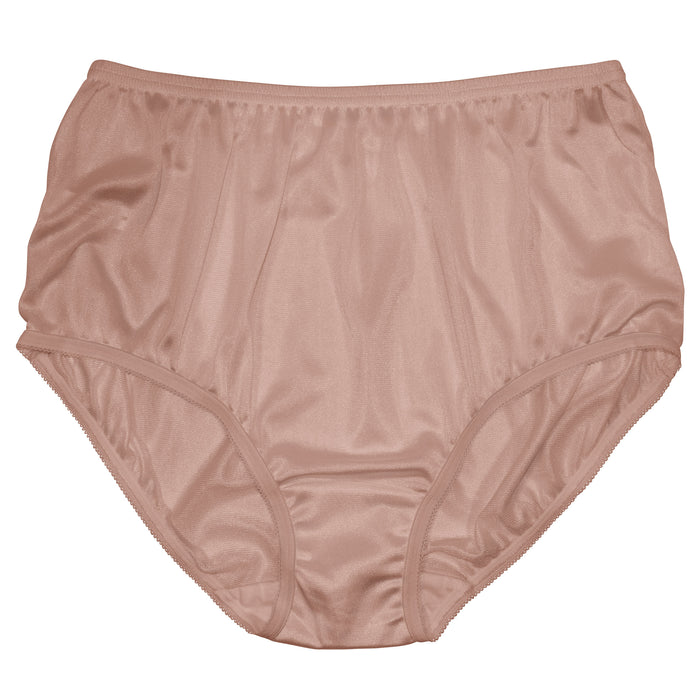 A 4-pack of Teri Lingerie Nylon Brief Panty (Style 331/Plain Jane) in mocha, featuring high-waisted, full coverage design with smooth, shiny fabric, shown laid flat on a white background.