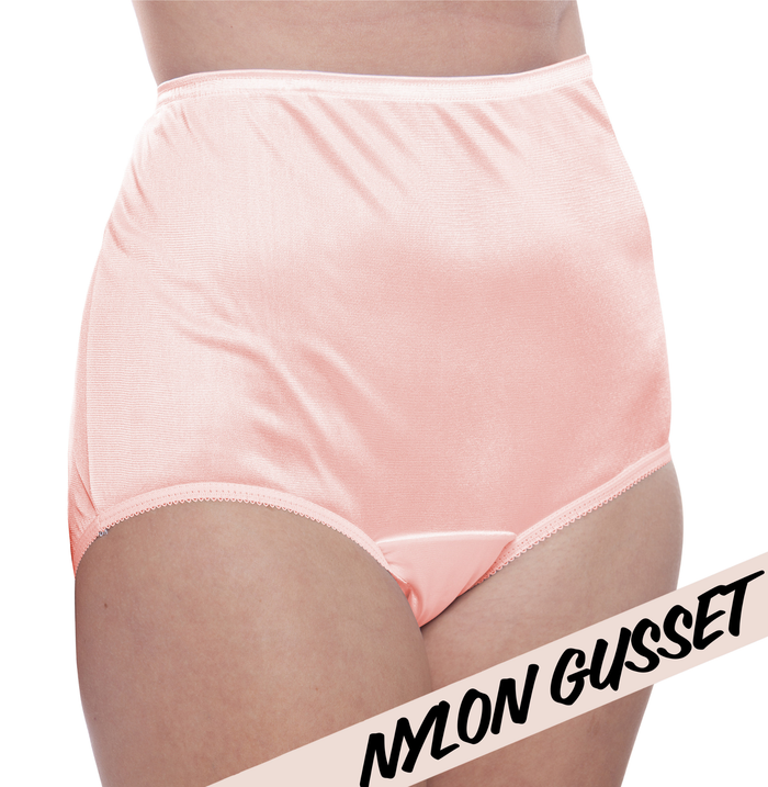 A person wearing Teri Lingerie NYLON GUSSET Nylon Brief Panty (Style 331/Plain Jane) in pink, a high-waisted, full coverage satin brief from the 4-pack set. "NYLON GUSSET" appears in bold on the bottom right corner.