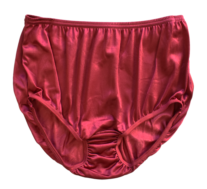 A set of four shiny, high-waisted wine-colored nylon briefs (Style 331/Plain Jane) by Teri Lingerie is shown on a plain white background.