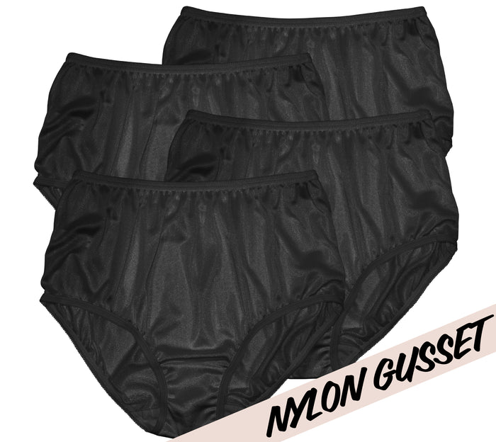 Four pairs of Teri Lingerie NYLON GUSSET Plain Jane/331 black high-waisted briefs with nylon gusset are shown overlapping on a white background. A diagonal “NYLON GUSSET” label is in the corner. Full coverage brief style. 4 pack.