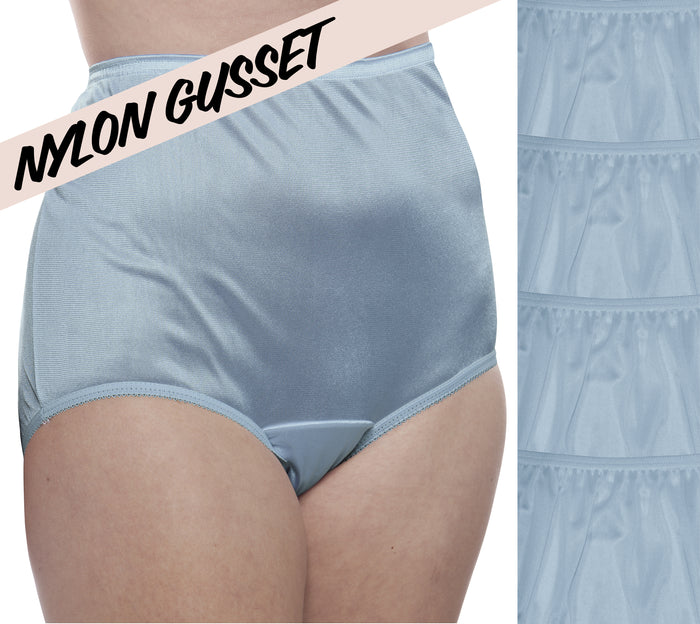 A person wears Teri Lingerie NYLON GUSSET Plain Jane/331 briefs in Dusty Blue. "NYLON GUSSET" is printed diagonally across the top, with a close-up of the smooth, shiny nylon fabric shown on the right.