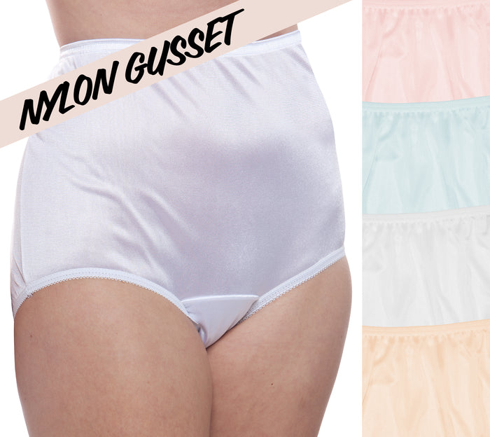A person wears Teri Lingerie NYLON GUSSET Plain Jane/331 high-waisted light purple panties. To the right, a 4-pack of full coverage briefs in pastel shades is displayed. Text at the top reads "NYLON GUSSET.