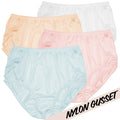 The Teri Lingerie NYLON GUSSET Plain Jane/331 4 Pack in Pastels features four women’s full coverage briefs in white, peach, pink, and light blue, each with "NYLON GUSSET" on the bottom right corner.