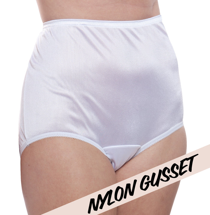 A person wearing Teri Lingerie’s NYLON GUSSET Plain Jane/331 full-coverage high-waisted white underwear from the 4 Pack, with "NYLON GUSSET" across the bottom right.