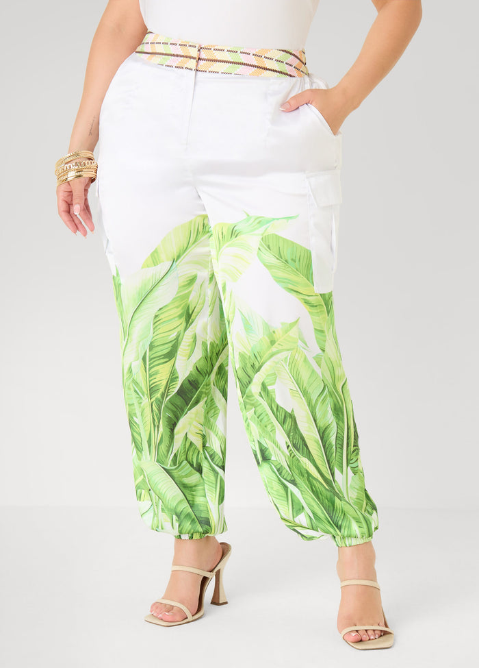 Plus Size Palm Print Satin Balloon Pants Joggers Two Piece Matching Set