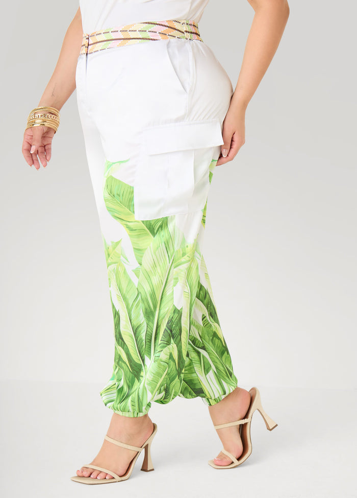Plus Size Palm Print Satin Balloon Pants Joggers Two Piece Matching Set