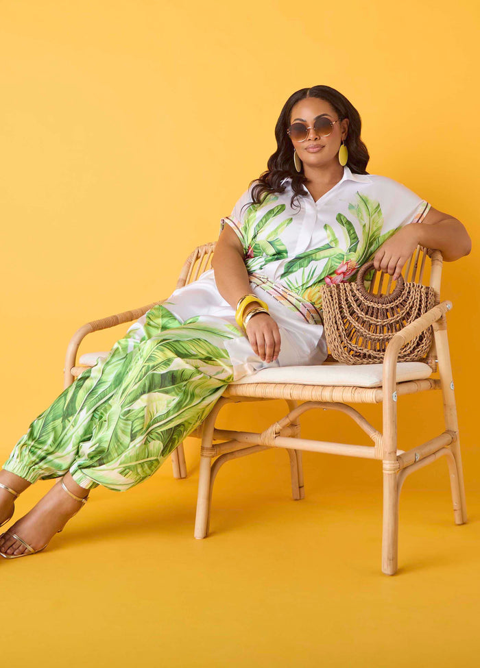 Plus Size Palm Print Satin Balloon Pants Joggers Two Piece Matching Set