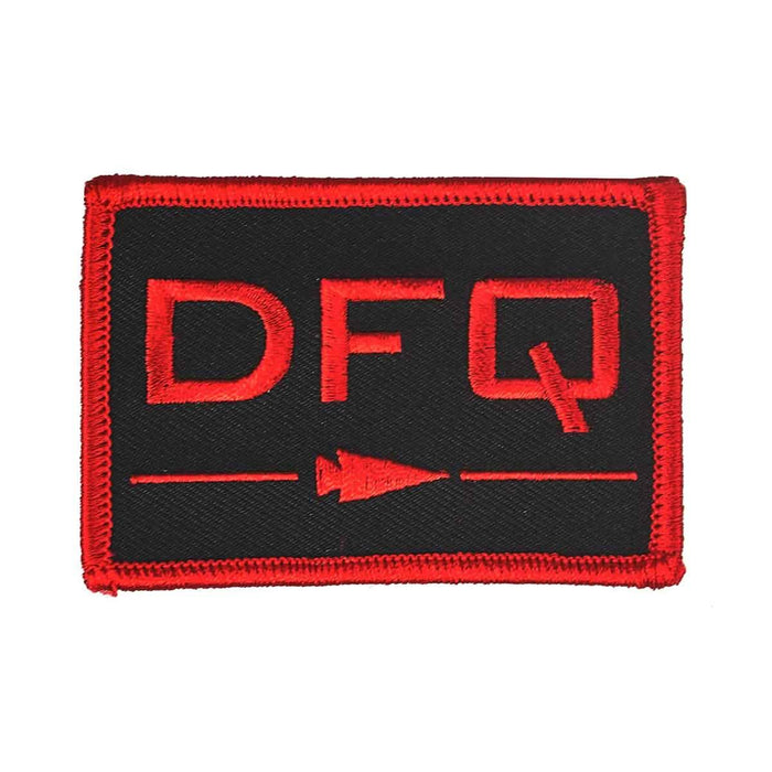 GORUCK DFQ black patch with red border, bold red letters and arrow embroidery