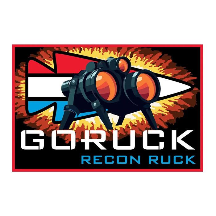 GORUCK Recon Ruck patch with night vision goggles, explosion, and tricolor background.