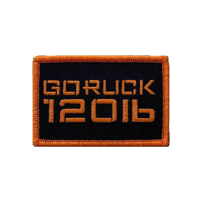 GORUCK 120lb embroidered patch with orange border on black background