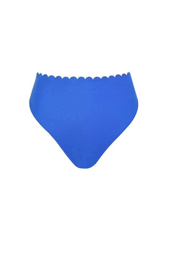 Penelope high-waist bikini bottom in blue with scalloped trim