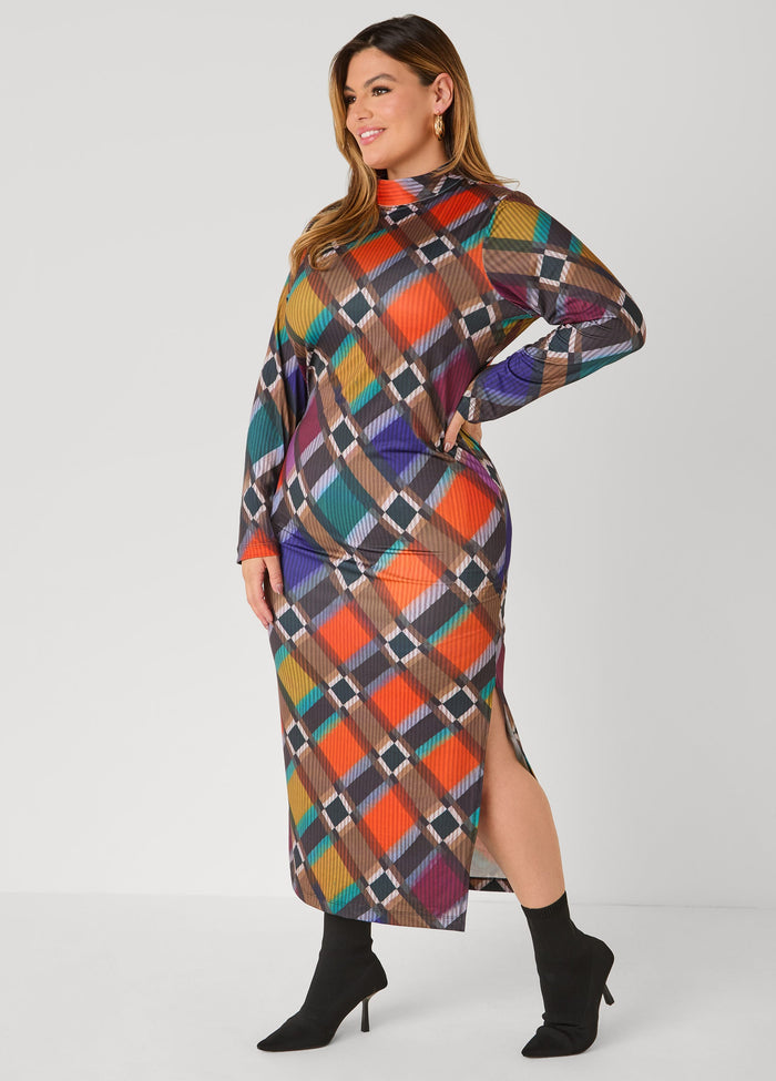 Plaid Mock Neck Maxi Dress