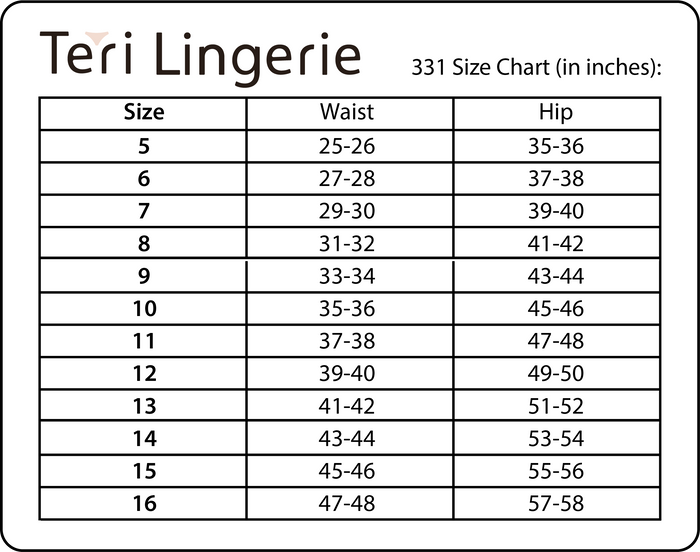 Teri Plain Jane 331 size chart for sizes 5-16 with waist and hip measurements.