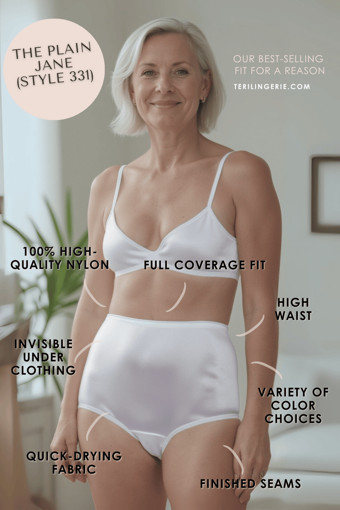 Teri Plain Jane Style 331 full-coverage nylon brief infographic highlighting soft 100% nylon fabric, full coverage, quick-drying comfort, color options, and finished seams.