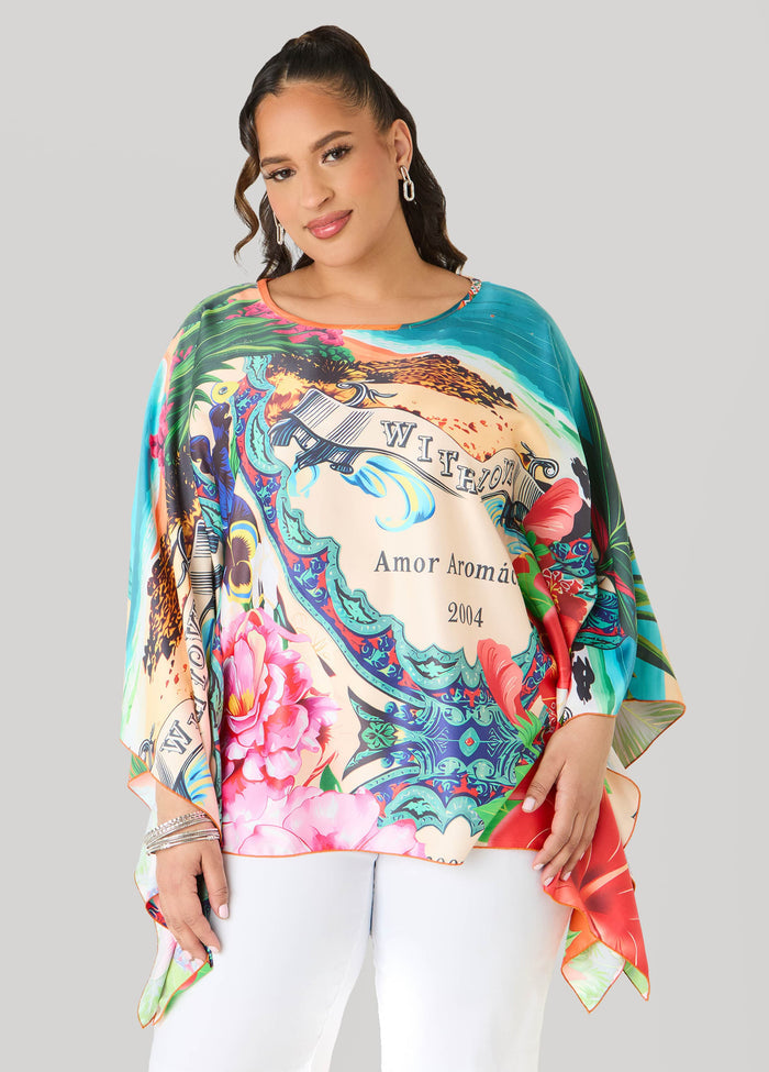 Postcard Print Satin Tunic