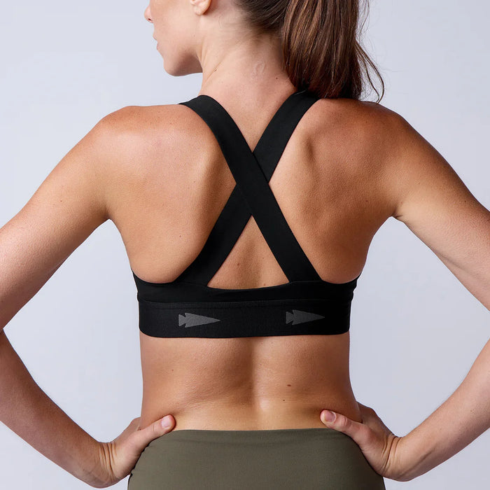 Back view of woman wearing GORUCK black sports bra with crisscross straps, fitness apparel