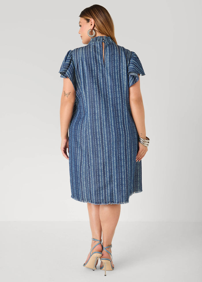 Printed Keyhole Chambray Dress