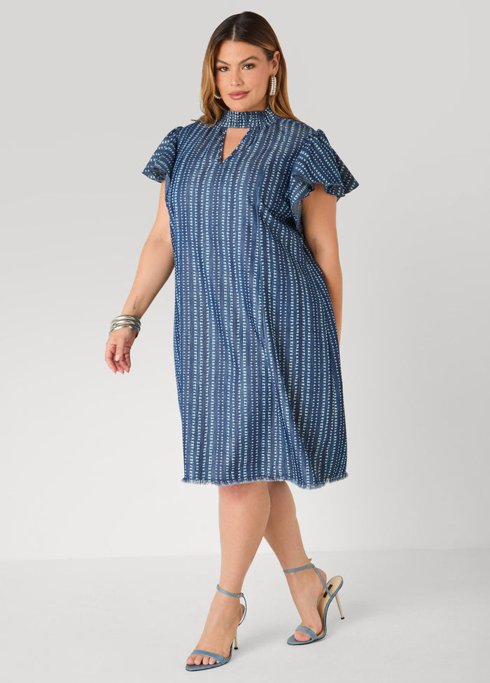 Printed Keyhole Chambray Dress