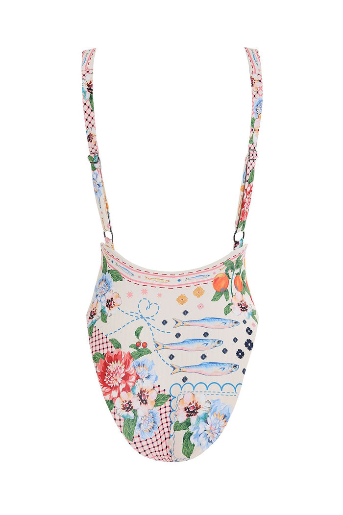 Priscila one-piece swimsuit in cream with panel print featuring pattern detail blooms, pattern detail, citrus fruits, gingham checks, and contrast st…