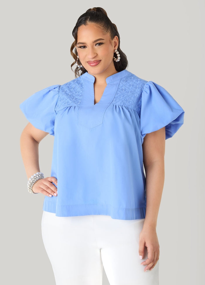 Plus Size Floral Embroidered Cotton Top Short Sleeve Puff Sleeve Shirt