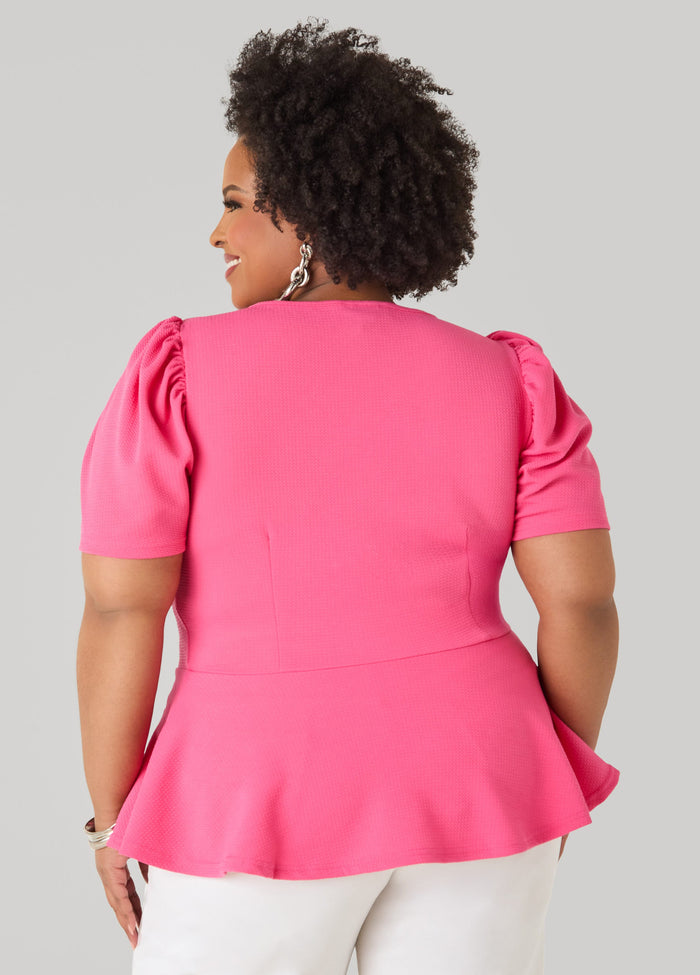 Puff Sleeved Textured Peplum Top