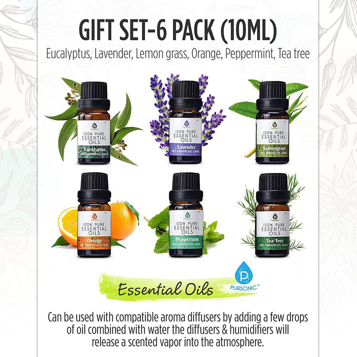 Pursonic 6 Pack Pure Essential Aromatherapy Oils
