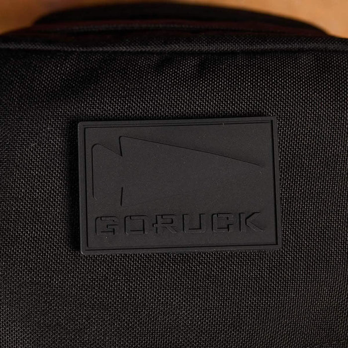GORUCK black patch logo on rugged backpack fabric, durable rucking gear close-up