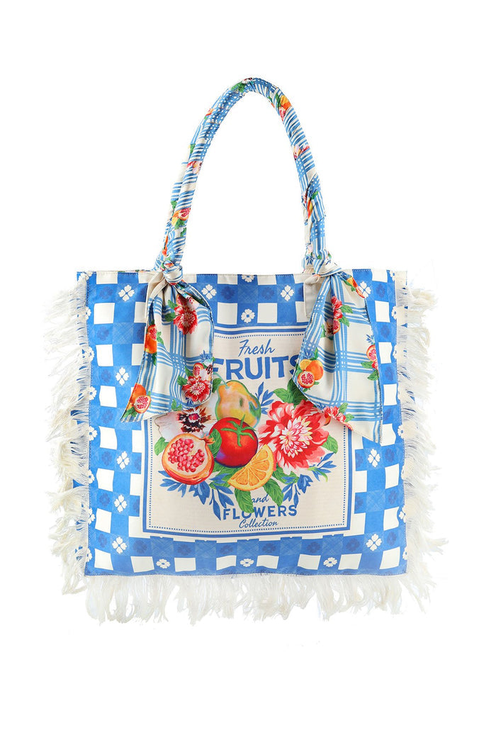 Rania Bag with blue and white checkered pattern, central Fresh Fruits and Flowers print panel, knotted shoulder straps in coordinating prints, and fr…