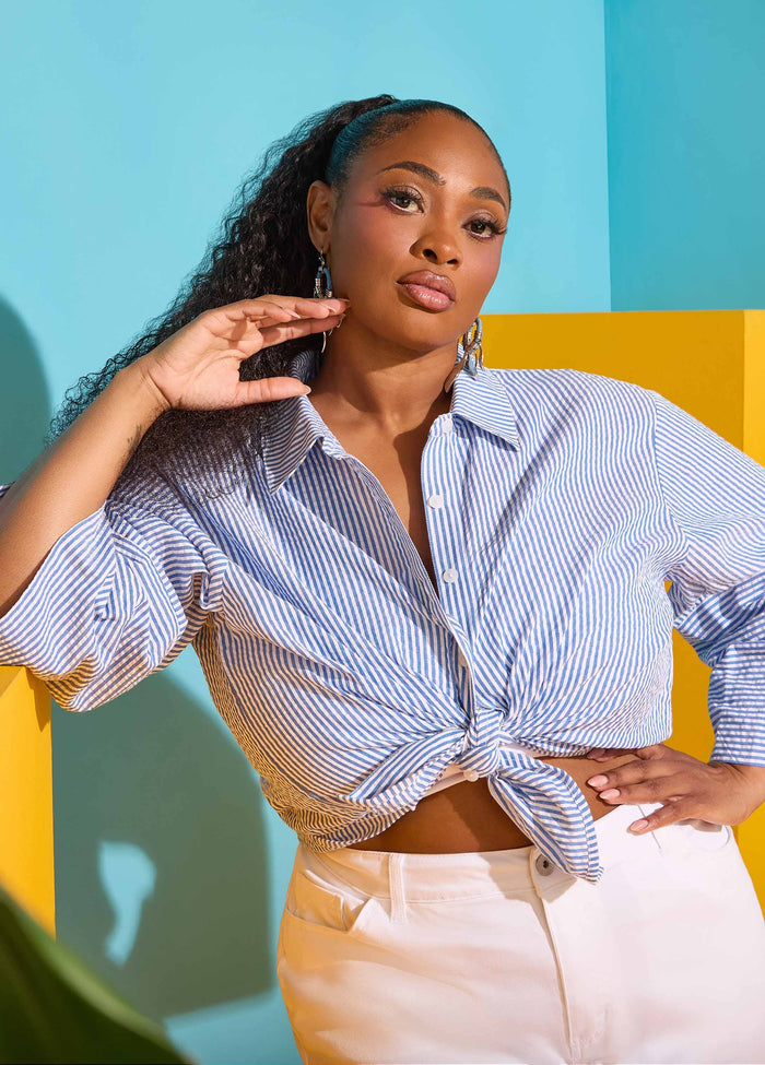 Plus Size Striped Seersucker Cotton Long Sleeved Summer Shirt