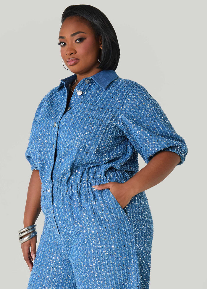Sequined Denim Wide Leg Jumpsuit