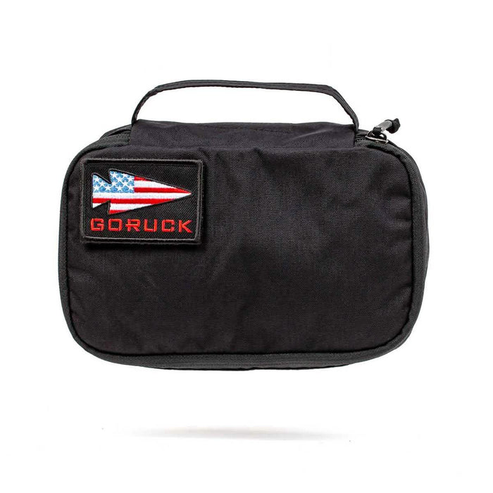 GORUCK Shadow Pocket M black pouch with American flag patch on white background