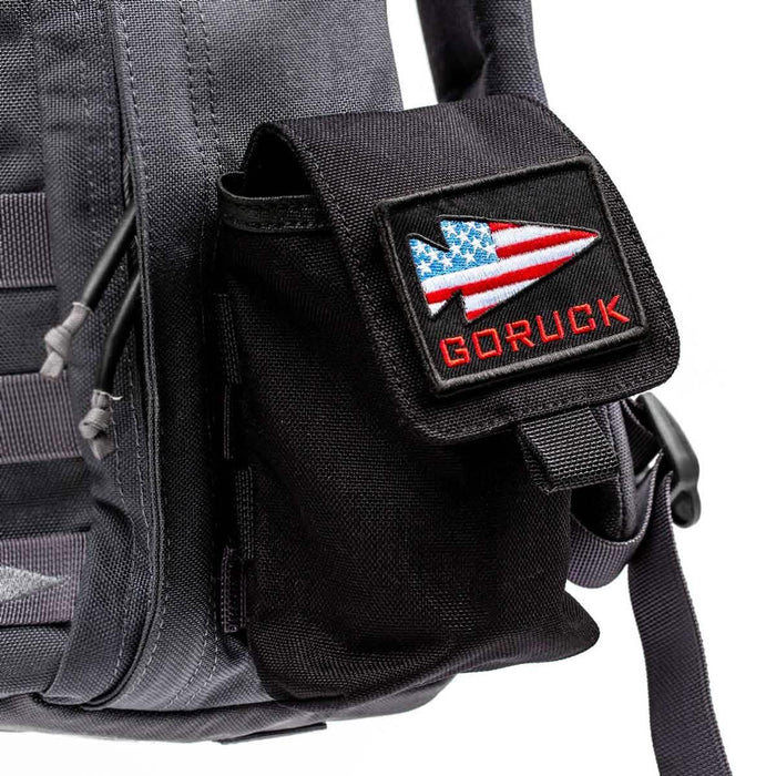 GORUCK side pocket pouch attached to rucksack with American flag logo patch