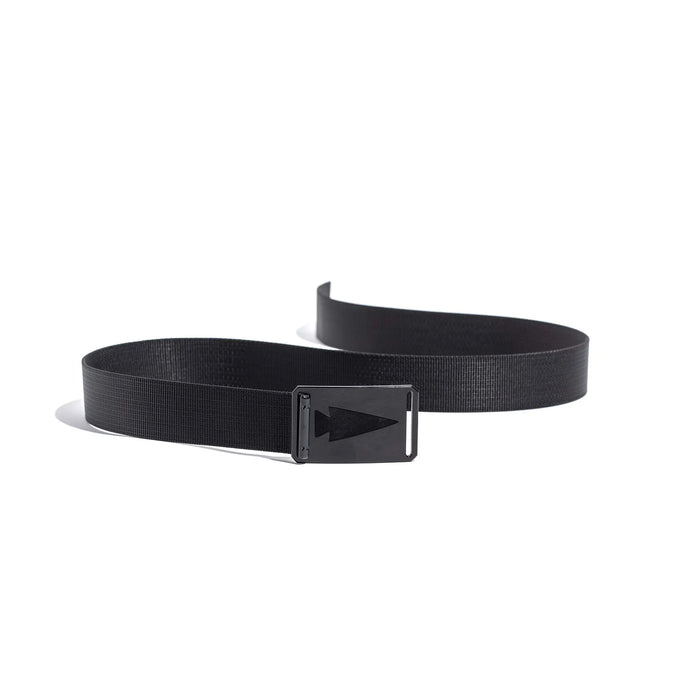 GORUCK black nylon midweight belt with arrowhead buckle on white background