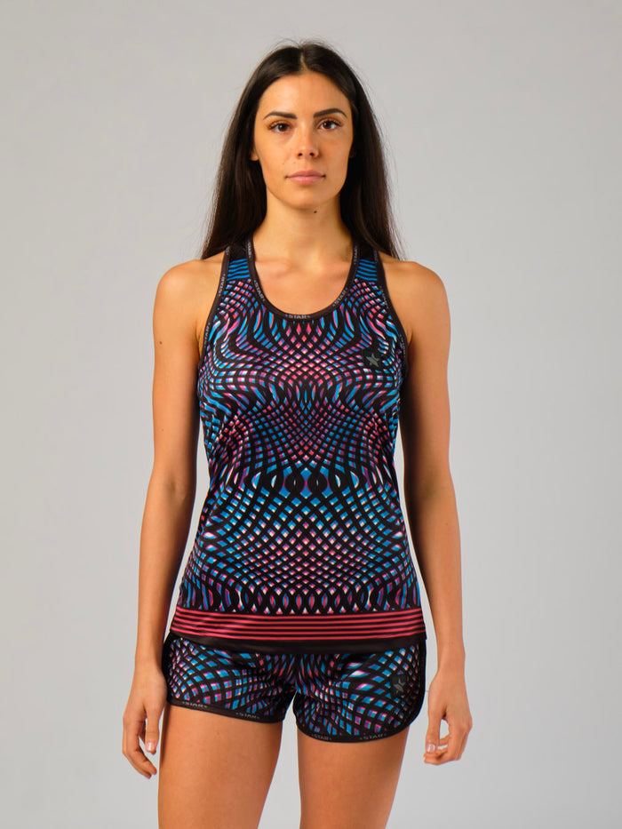 STAR Leo women's performance tank top in black with vibrant graphics, athletic fit sand-off gear for beach volleyball.
