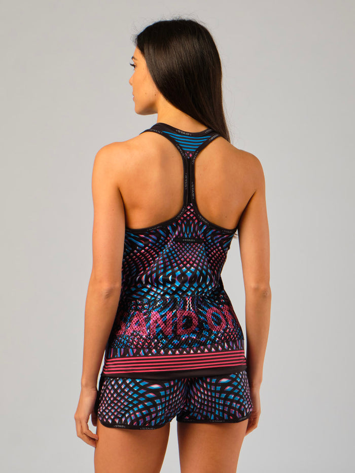 STAR Leo women's performance tank top in black with vibrant graphics, athletic fit sand-off gear for beach volleyball.