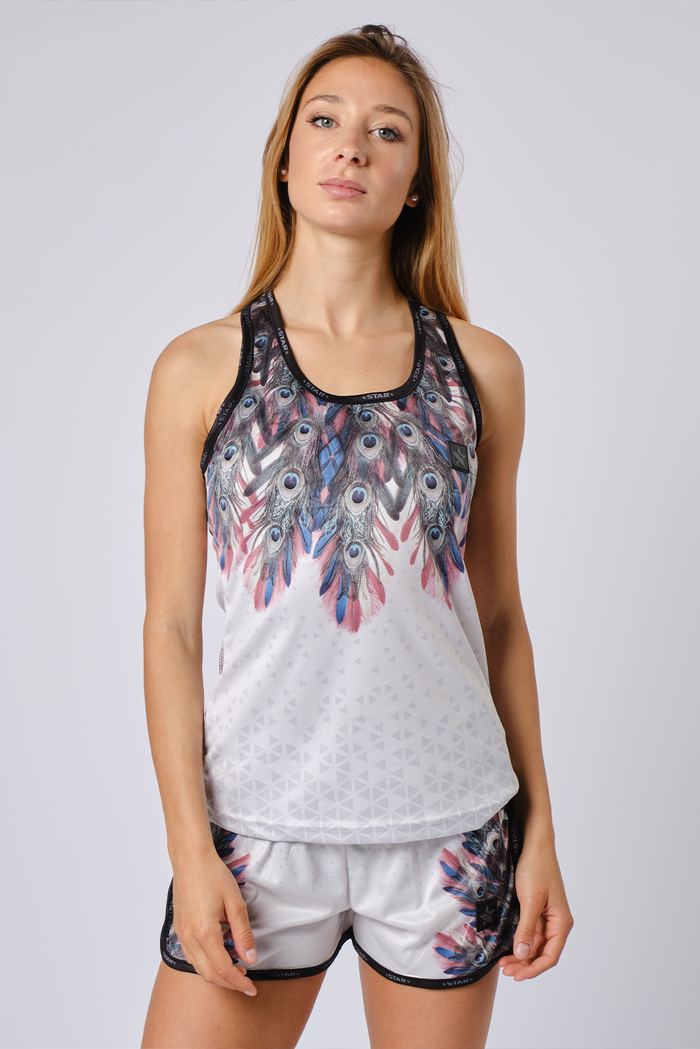 STAR Peacock women's performance tank top with vibrant colorful graphics, slim fit sand-off gear for beach volleyball.