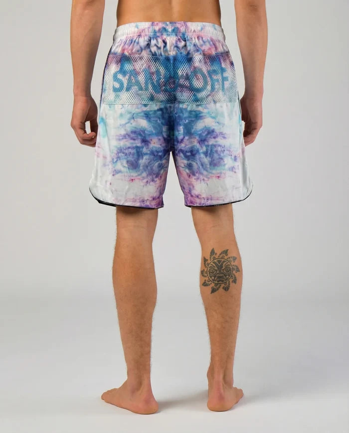 Back view of Stellar Haze shorts featuring the patented Sand Off system to quickly remove sand from hands.