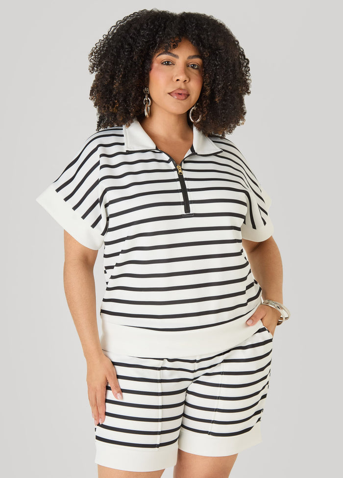 Zip Detailed Striped Pullover
