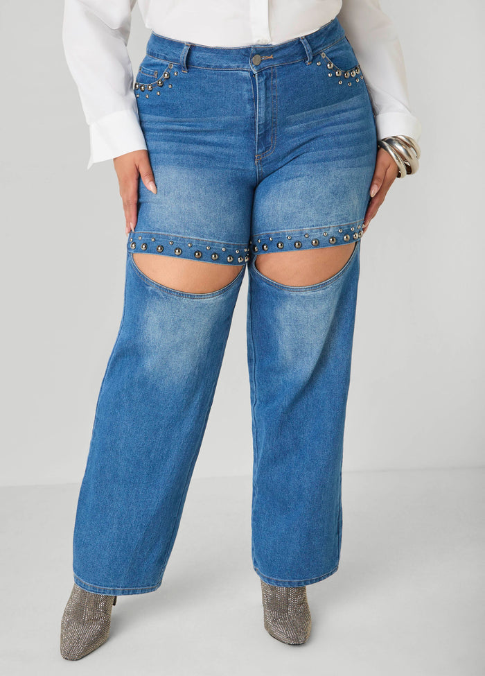 Studded Cutout Straight Leg Jeans