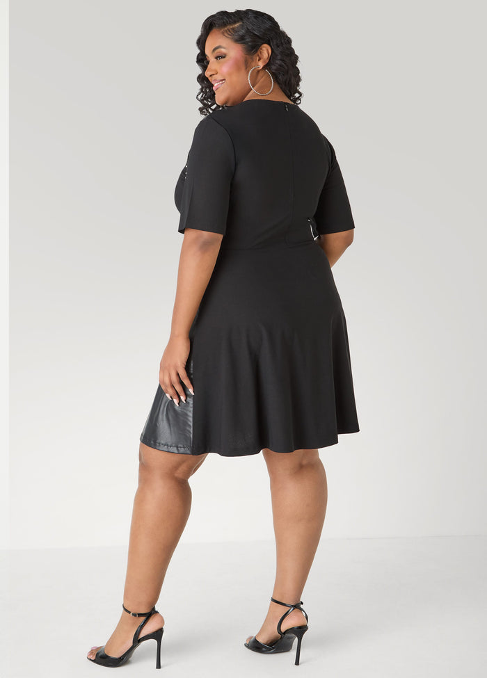 Studded Faux Leather Paneled Dress
