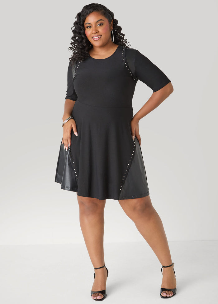 Studded Faux Leather Paneled Dress