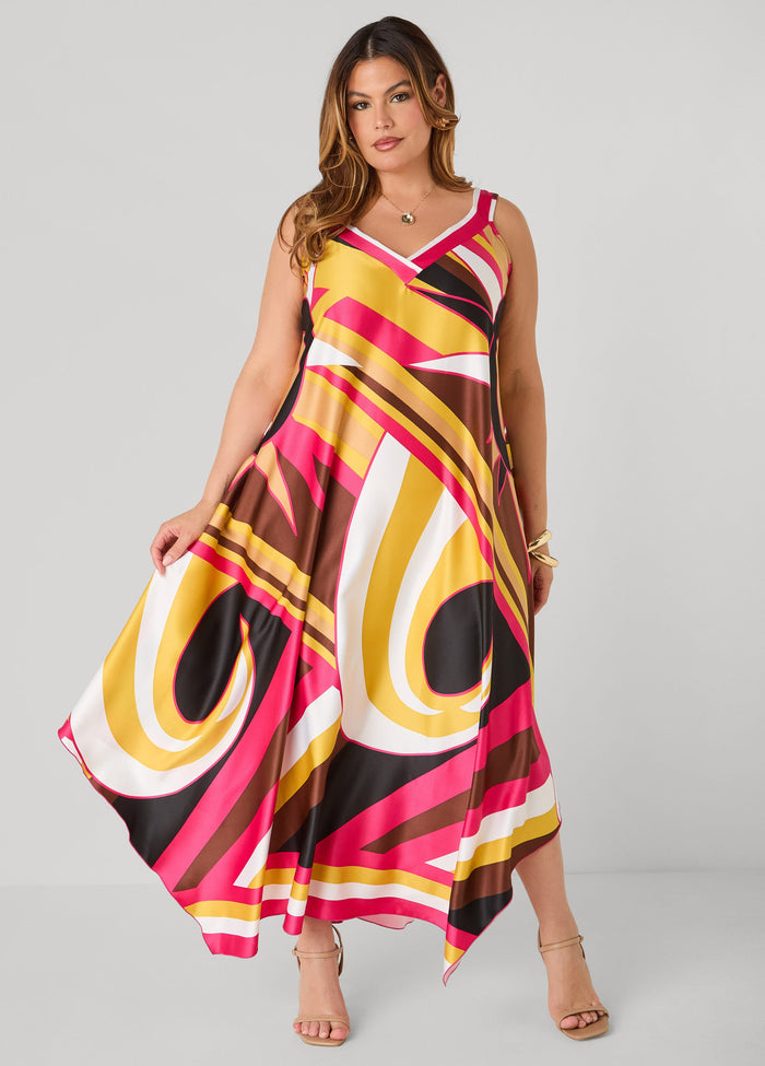 Swirl Print Satin Maxi Dress