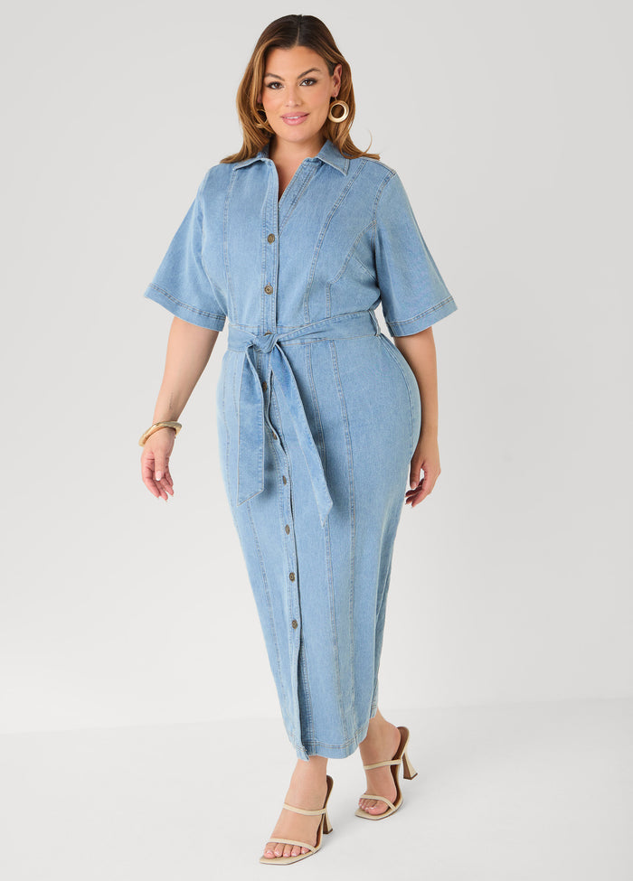 Tall Sash Belt Denim Maxi Dress