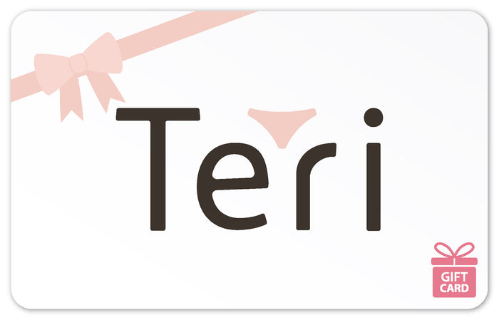 The Teri Lingerie Gift Card by Teri Lingerie features Teri in bold with a pink underwear icon dotting the "i", a pink bow at the top left, and a pink gift icon bottom right—perfect for gifting this holiday season.