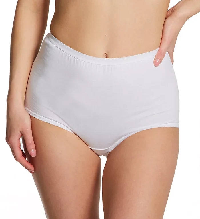 Front view of a model wearing the Classic Betsy (M100) white high-waist, full-coverage 100% cotton brief by Teri Lingerie.