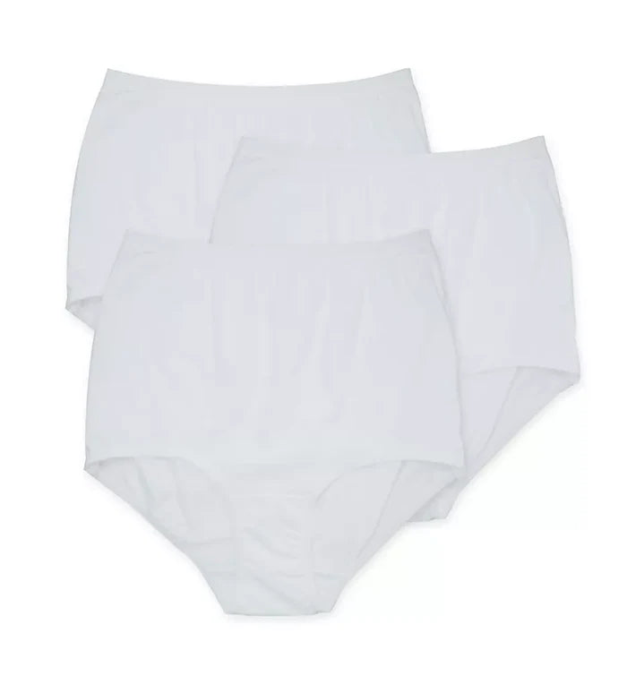 Three pairs of The Classic Betsy (M100) high-waist white briefs from Teri Lingerie are neatly overlapped on a white background, showcasing their modest fit and full coverage style.
