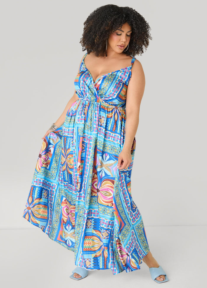 Tile Print Satin Maxi Dress