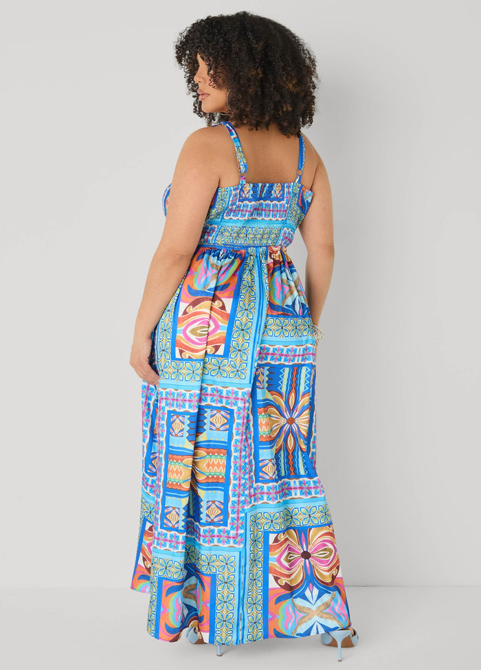 Tile Print Satin Maxi Dress