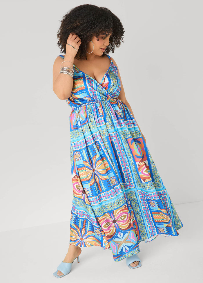 Tile Print Satin Maxi Dress