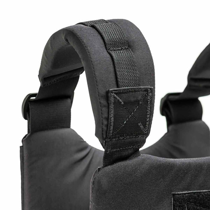 Close-up of black padded shoulder straps on the Training Weight Vest - Black, showcasing detailed stitching and a durable texture.